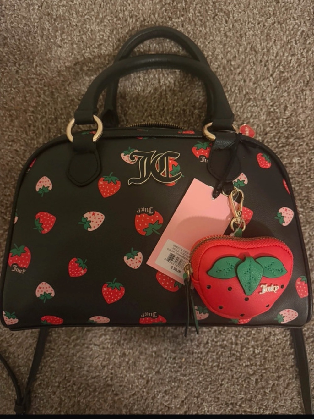 Juicy Couture Black Strawberry Print Dome Satchel with Red Strawberry Coin Pouch